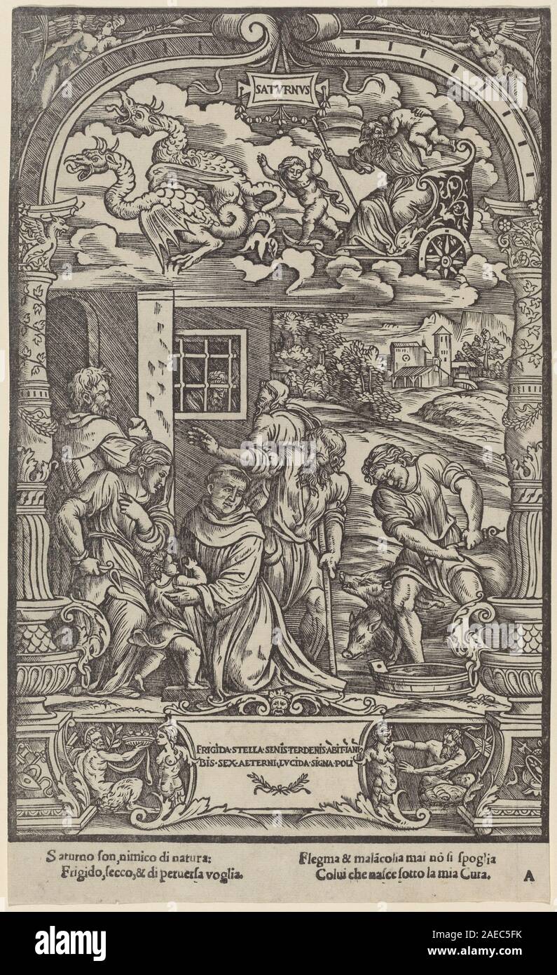 Una raffigurazione del pianeta Saturno di Gabriele Giolito de' Ferrara del 1534, che mostra il pianeta con gli anelli circostanti e osservazione astronomica in illustrazione rinascimentale. Foto Stock