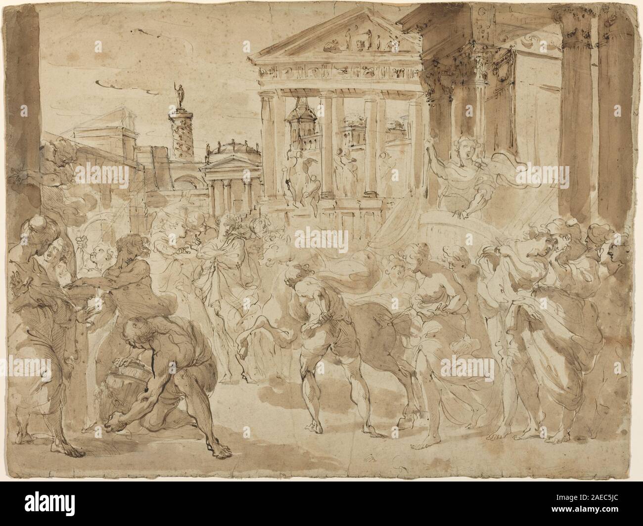 "Una processione trionfale nell'antica Roma" di Gaetano Gandolfi (c. 1780) raffigura una parata militare romana con soldati, carri, striscioni, musicisti ed elementi architettonici, illustrano le convenzioni sulla pittura storica europea del XVIII secolo. Foto Stock