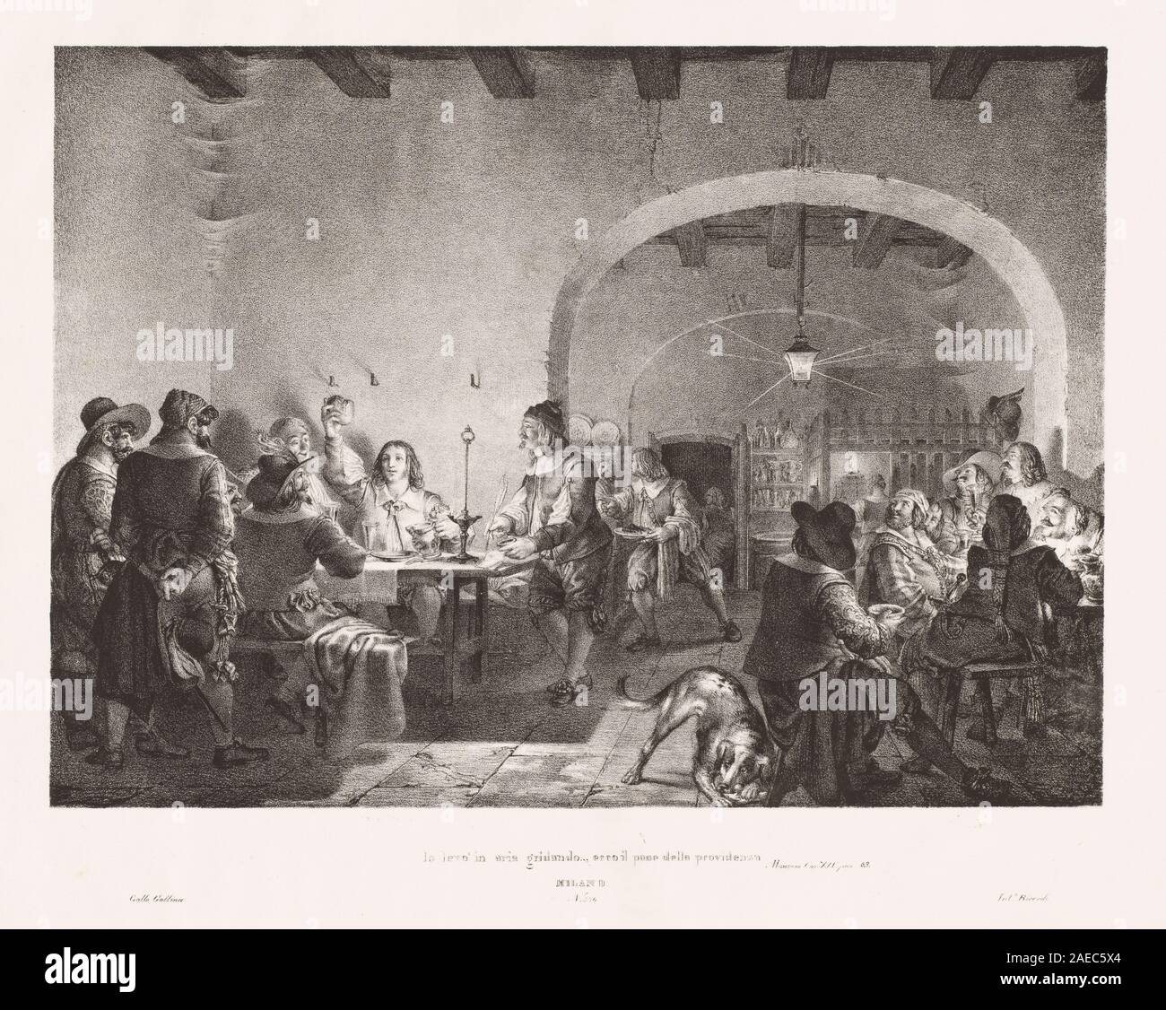 Stampa di Gallo Gallina, 1828-1830, raffigurante una figura che tiene il pane in alto e che proclama la provvidenza divina, mostrando gesti, figure, e abbigliamento e ambientazione italiani dell'inizio del XIX secolo. Foto Stock