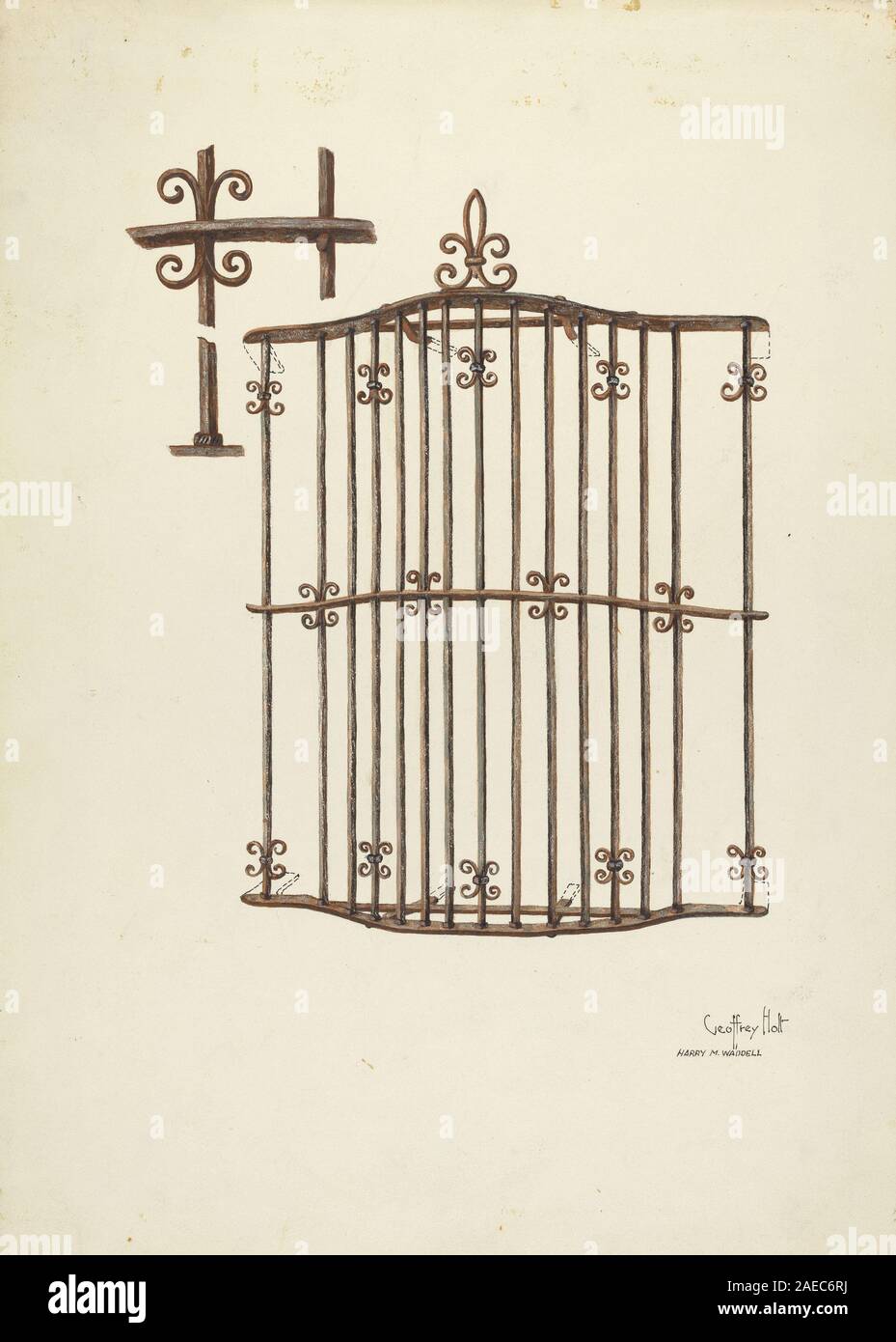 Geoffrey Holt e Harry Mann Waddell nel disegno di restauro del 1936 di una griglia di ferro su una finestra raffigurano elementi architettonici e decorativi. L'illustrazione enfatizza la precisione strutturale, la progettazione e le tecniche di restauro della metà del XX secolo. Foto Stock