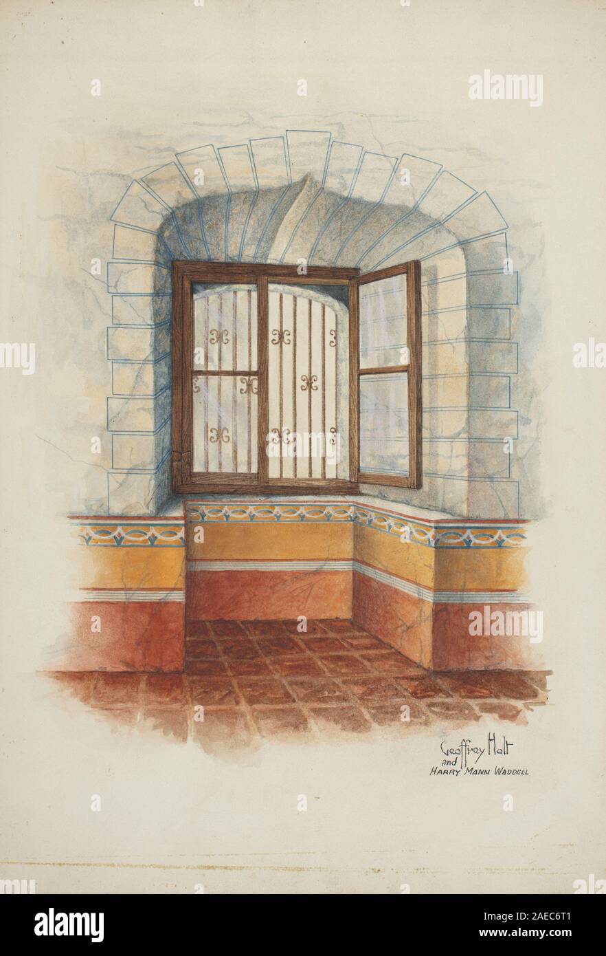 Un disegno di restauro creato intorno al 1939 da Geoffrey Holt e Harry Mann Waddell raffigurante un dipinto murale intorno a una finestra con una griglia. L'opera illustra il restauro architettonico americano del XX secolo, il design decorativo e le tecniche di disegno. Foto Stock