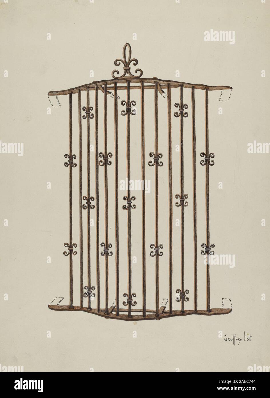 "Iron Grille at Window" (1936) di Geoffrey Holt raffigura una griglia in ferro battuto che mostra design, struttura, materiale, motivo, e all'inizio del XX secolo, il restauro americano e le convenzioni di disegno architettonico. Foto Stock