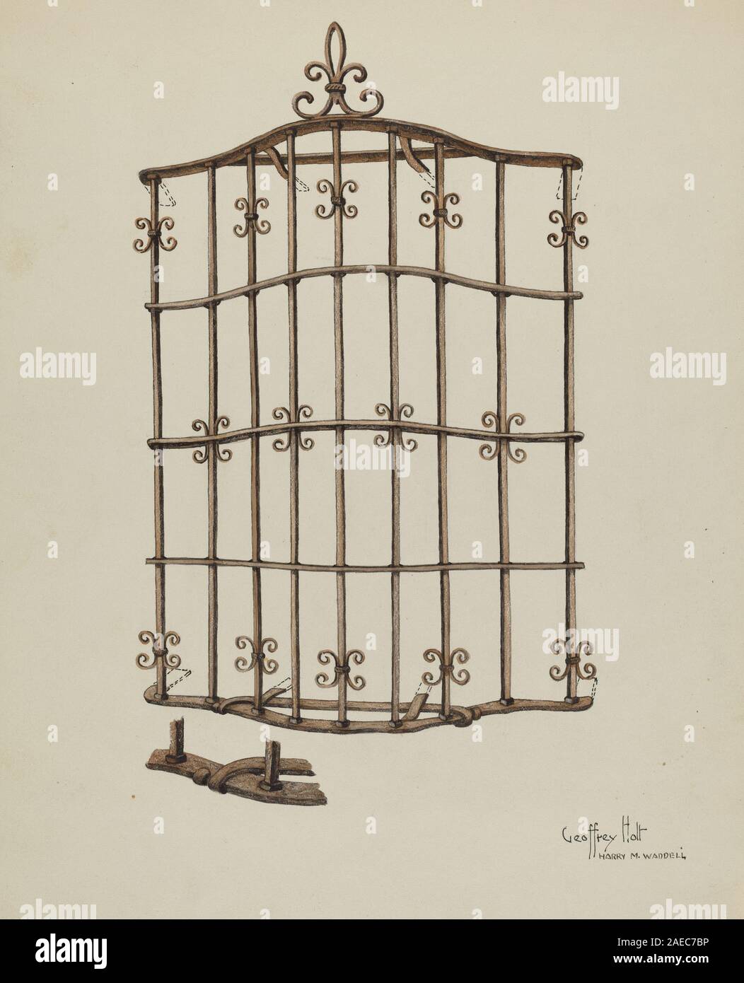 Una griglia per finestre realizzata da Geoffrey Holt tra il 1935 e il 1942, costruita in metallo con motivi geometrici decorativi, che funge da elemento protettivo e architettonico per una finestra. Foto Stock