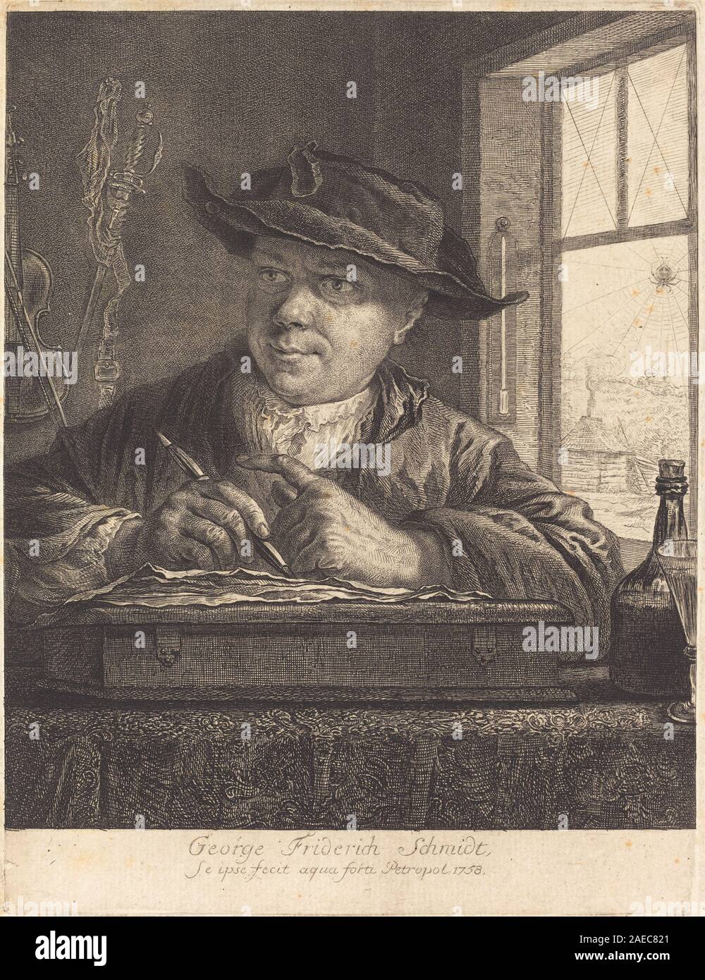 Un autoritratto del 1758 di Georg Friedrich Schmidt che mostra l'artista seduto da una finestra, con un ragno sul vetro, raffigurante elementi facciali, mani, abbigliamento, spazio interno, e le convenzioni per i ritratti del xviii secolo. Foto Stock
