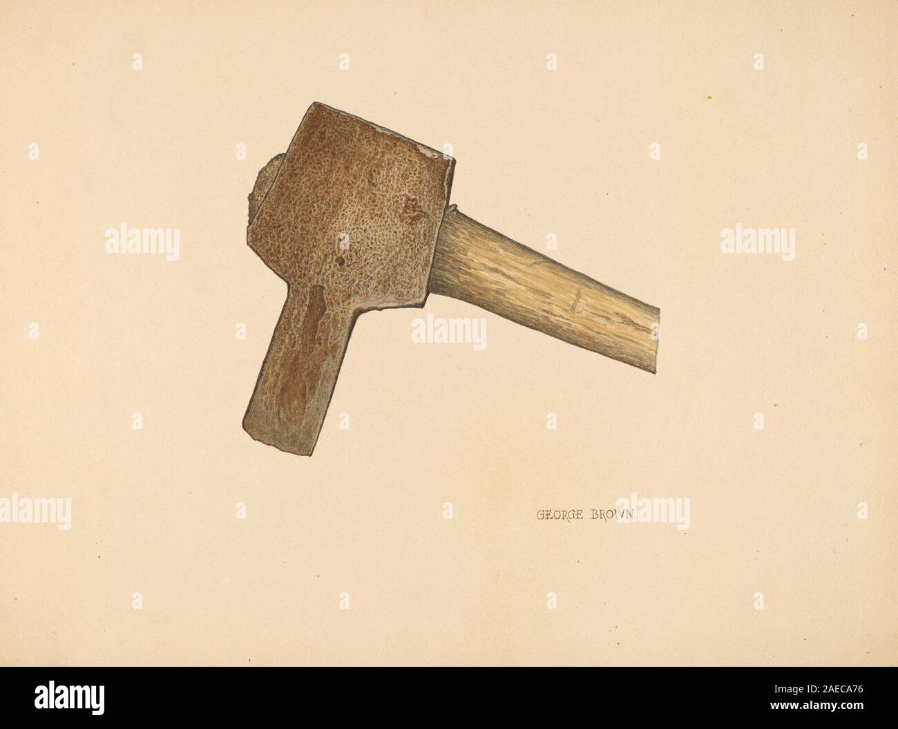 Ascia per fori per pali realizzata intorno al 1940 da George C. Brown, un utensile manuale con lama e manico, utilizzato per scavare fori per pali, che mostra design funzionale e lavorazione del metallo. Foto Stock