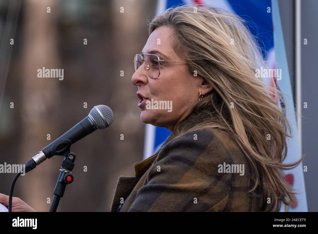 Londra, Regno Unito. 8 dicembre 2019. Tracy-Ann Oberman, stage e schermo attrice, parla a insieme contro l' antisemitismo di dimostrazione e di rally in piazza del Parlamento. I membri della comunità ebraica e altri sostenitori si riuniscono per esprimere le loro preoccupazioni sulle questioni di antisemitismo verso gli Ebrei britannici nella vita pubblica e l'aumento dei crimini di odio. Credito: Guy Corbishley/Alamy Live News Foto Stock