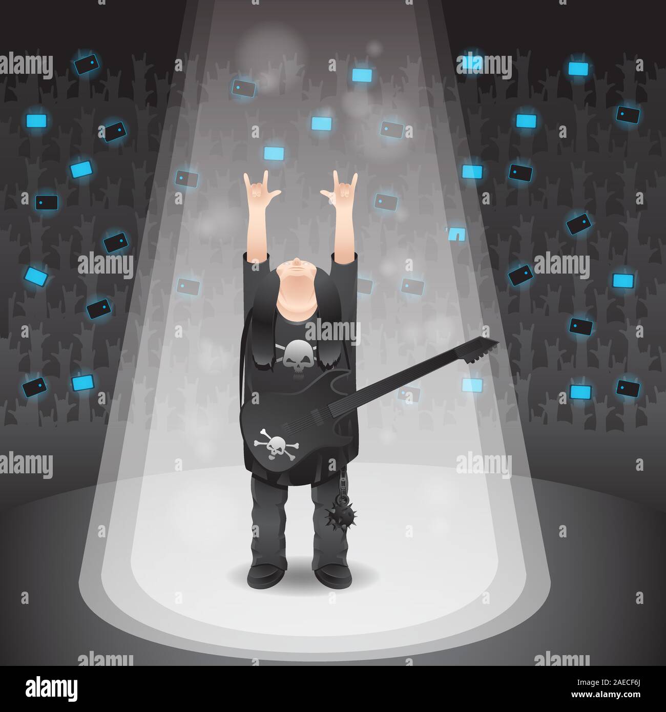 Illustrazione di un cantante rock mostrare un avvisatore acustico gesto isolato su un background. Immagine vettoriale Illustrazione Vettoriale
