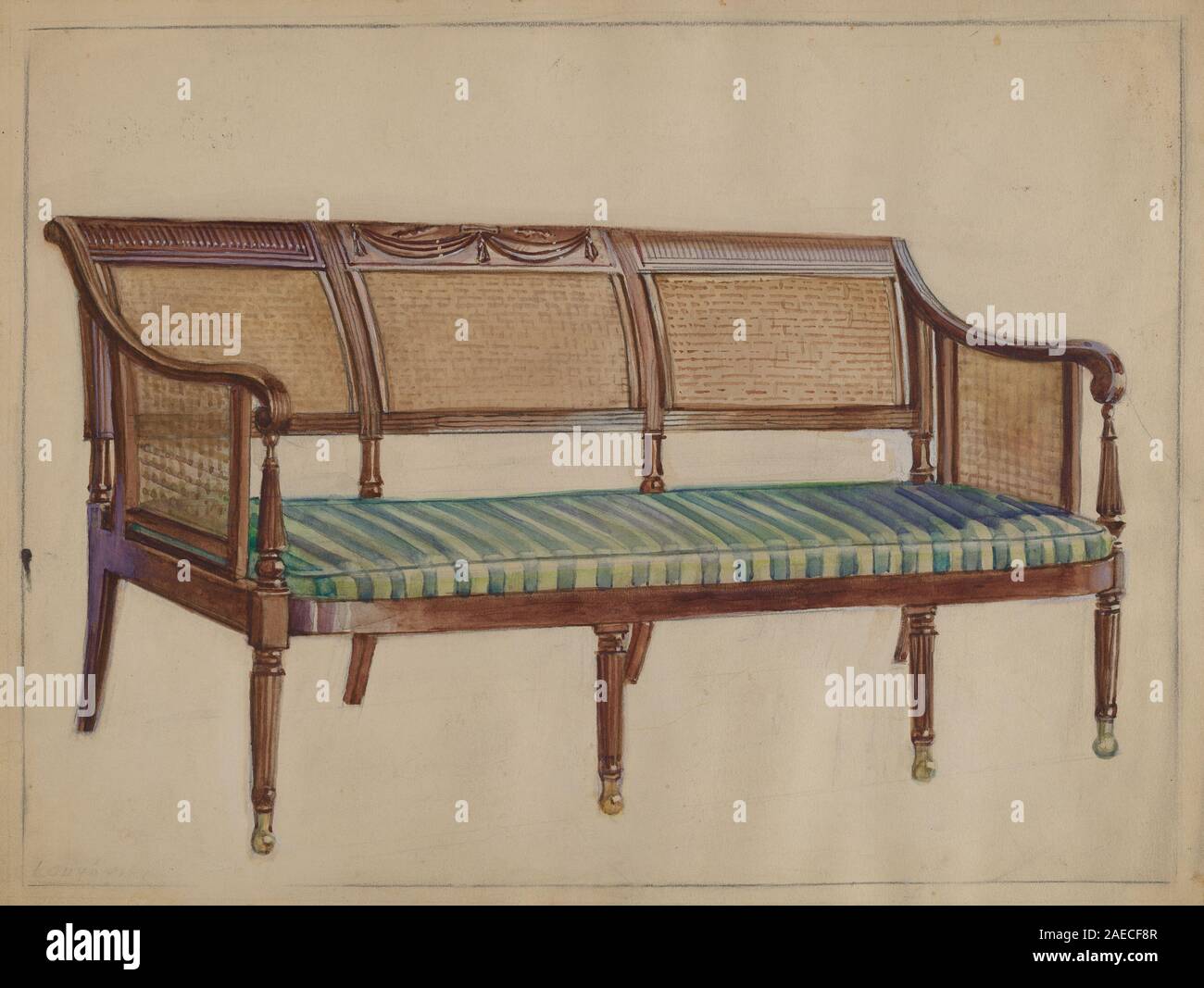 Il sedile 1935-1942 di George Loughridge è un sedile imbottito basso con schienale e braccioli, che mette in risalto design, materiali, struttura, tappezzeria, e artigianato dei mobili dei primi del xx secolo. Foto Stock