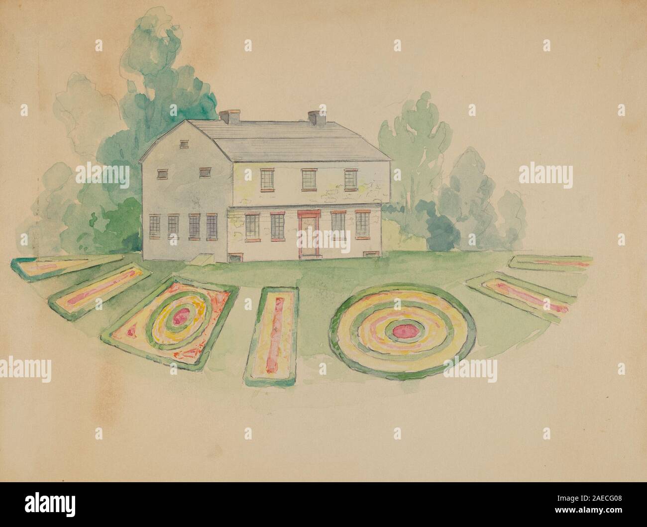 Questo dipinto del 1936 di George Stonehill raffigura la casa di Peter Stuyvesant, che mostra dettagli architettonici, finestre, porte, tetto, facciata, paesaggio circostante e contesto storico tipico della rappresentazione architettonica americana dei primi anni del XX secolo. Foto Stock