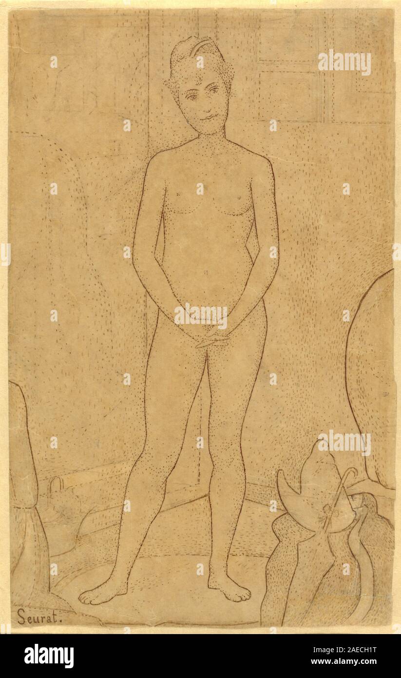 Questo disegno del 1888 di Georges Seurat, con penna e inchiostro marrone su grafite su carta tessuta, raffigura studi di modelli umani, mostrando figure, postura, gesti, dettagli anatomici, e composizione, illustrando il disegno accademico francese della fine del XIX secolo e gli studi preparatori. Foto Stock