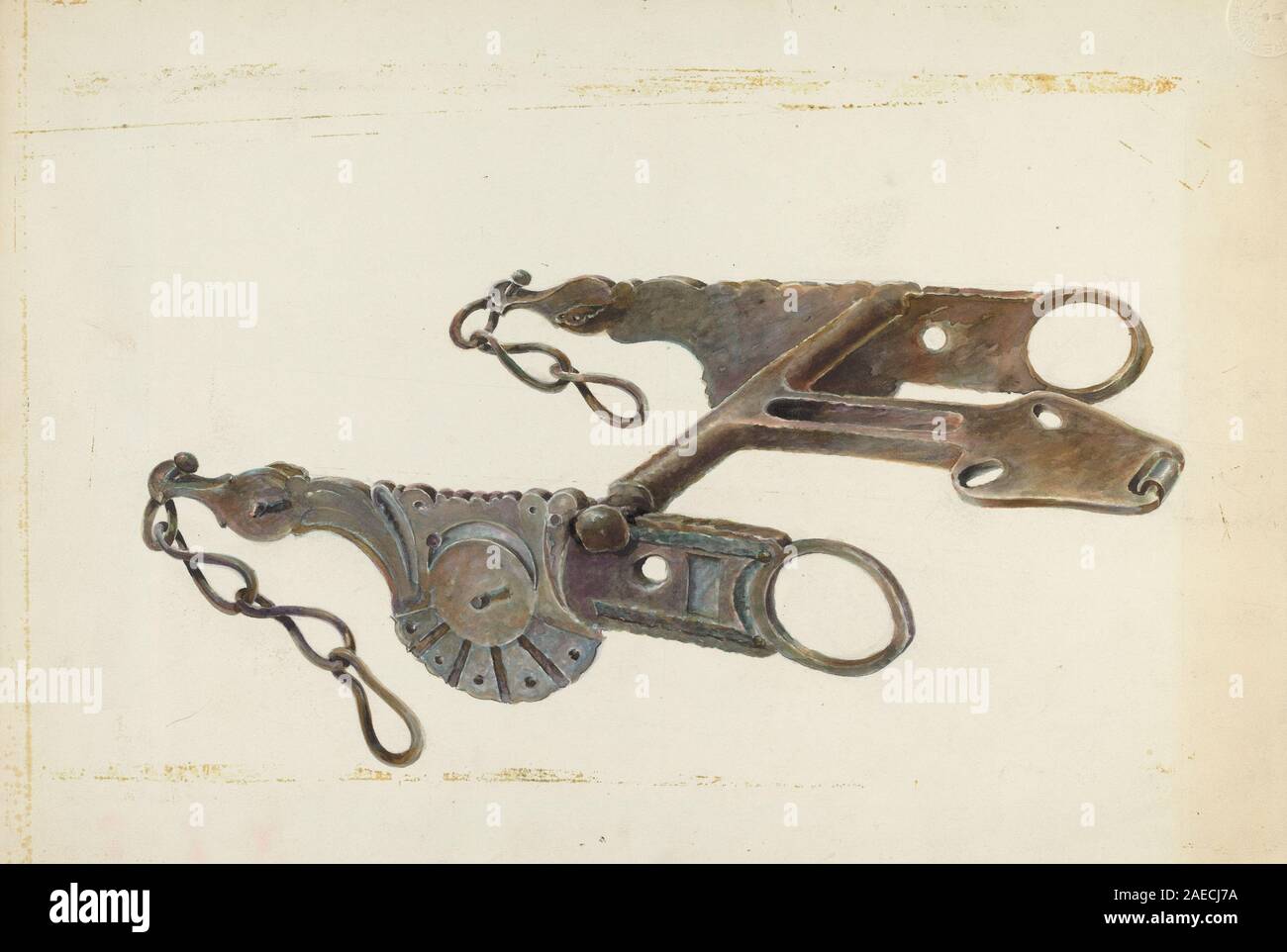 La "punta di ferro battuto" di Gerald Transpota (1935-1942) raffigura una punta di cavallo in ferro battuto in metallo, con anello, boccaglio, gambo, consistenza, e funzionale design equestre tipico dell'inizio del xx secolo. Foto Stock