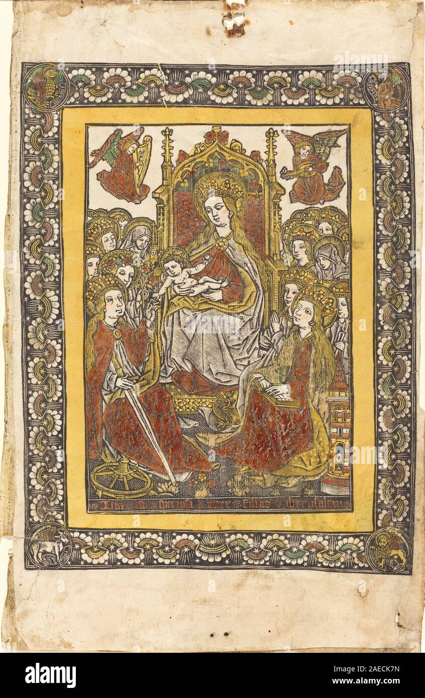 Un dipinto tedesco del 1480–1490 che raffigura la Madonna in trono con diciotto sante donne, mostrando iconografia religiosa, figure, gesti, abbigliamento, e il contesto devozionale. Foto Stock
