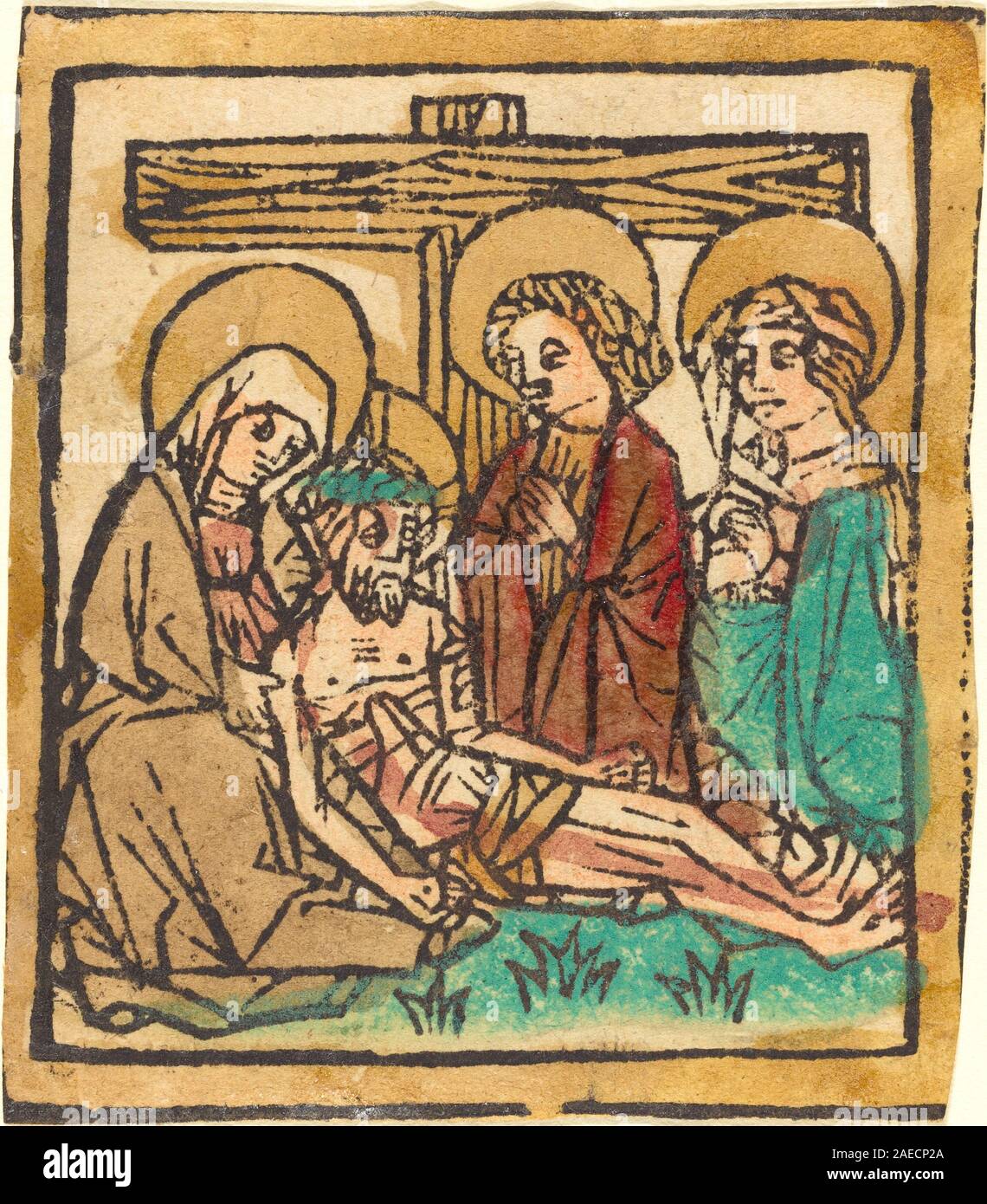 Questo dipinto tedesco del XV secolo, intorno al 1460, raffigura il Lamentazione su Cristo, mostrando i lamenti che circondano il suo corpo dopo la Crocifissione. Enfatizza la narrazione religiosa, l'emozione umana, la composizione devozionale e lo stile rinascimentale del Nord. Foto Stock