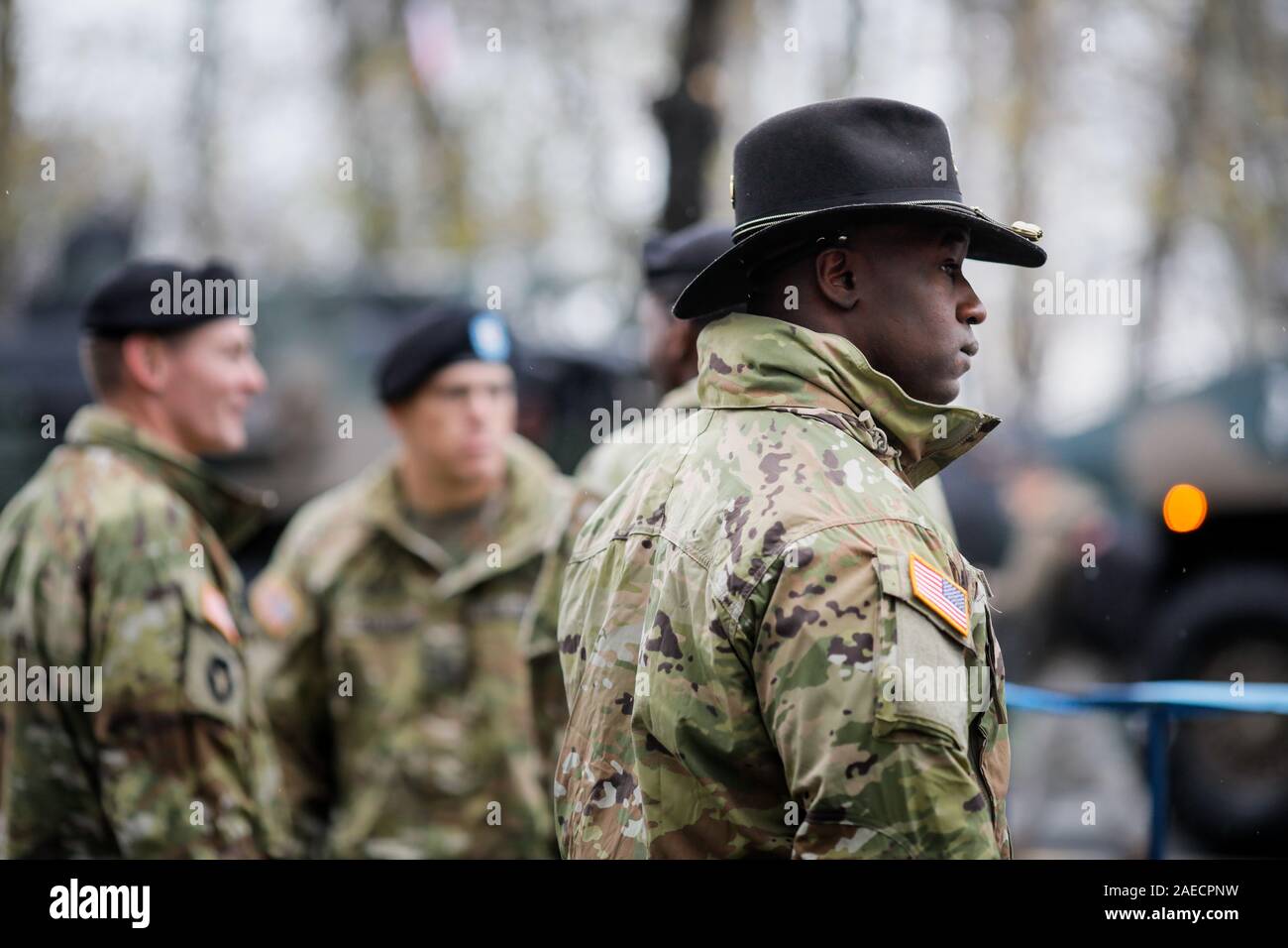 Bucarest, Romania - 01 dicembre, 2019: US Army soldati della prima divisione di cavalleria prendere parte alla nazionale rumena giorno parata militare. Foto Stock