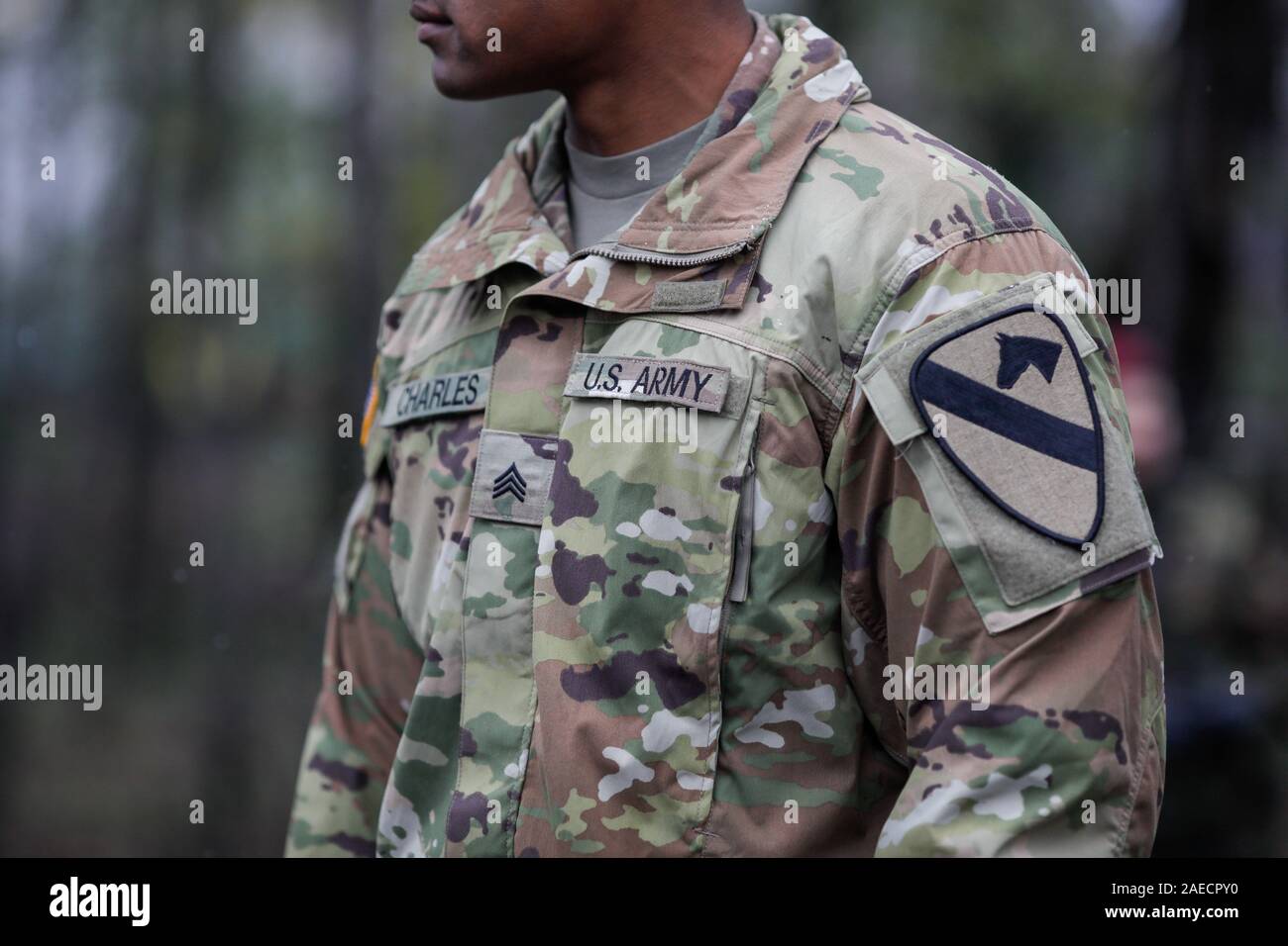 Bucarest, Romania - 01 dicembre, 2019: US Army soldati della prima divisione di cavalleria prendere parte alla nazionale rumena giorno parata militare. Foto Stock