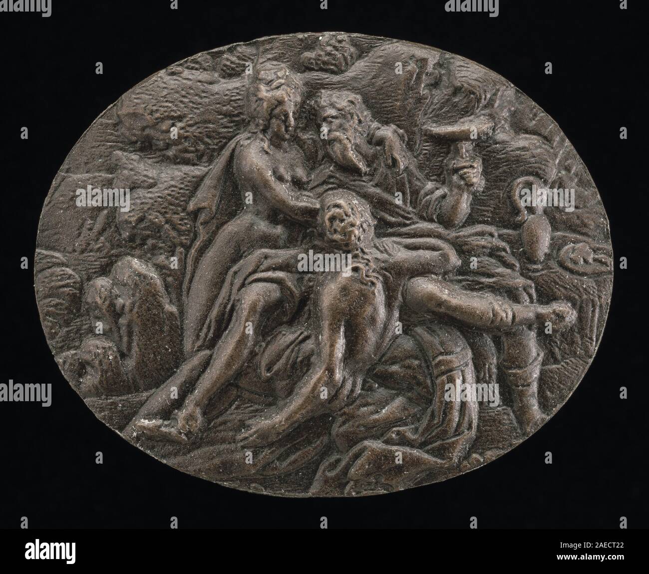 Un dipinto del 1600 di un artista tedesco o olandese del XVII secolo che raffigura la storia biblica di Lot e delle sue figlie, mostrando figure, gesti, paesaggio, narrazione, e la prima composizione barocca. Foto Stock