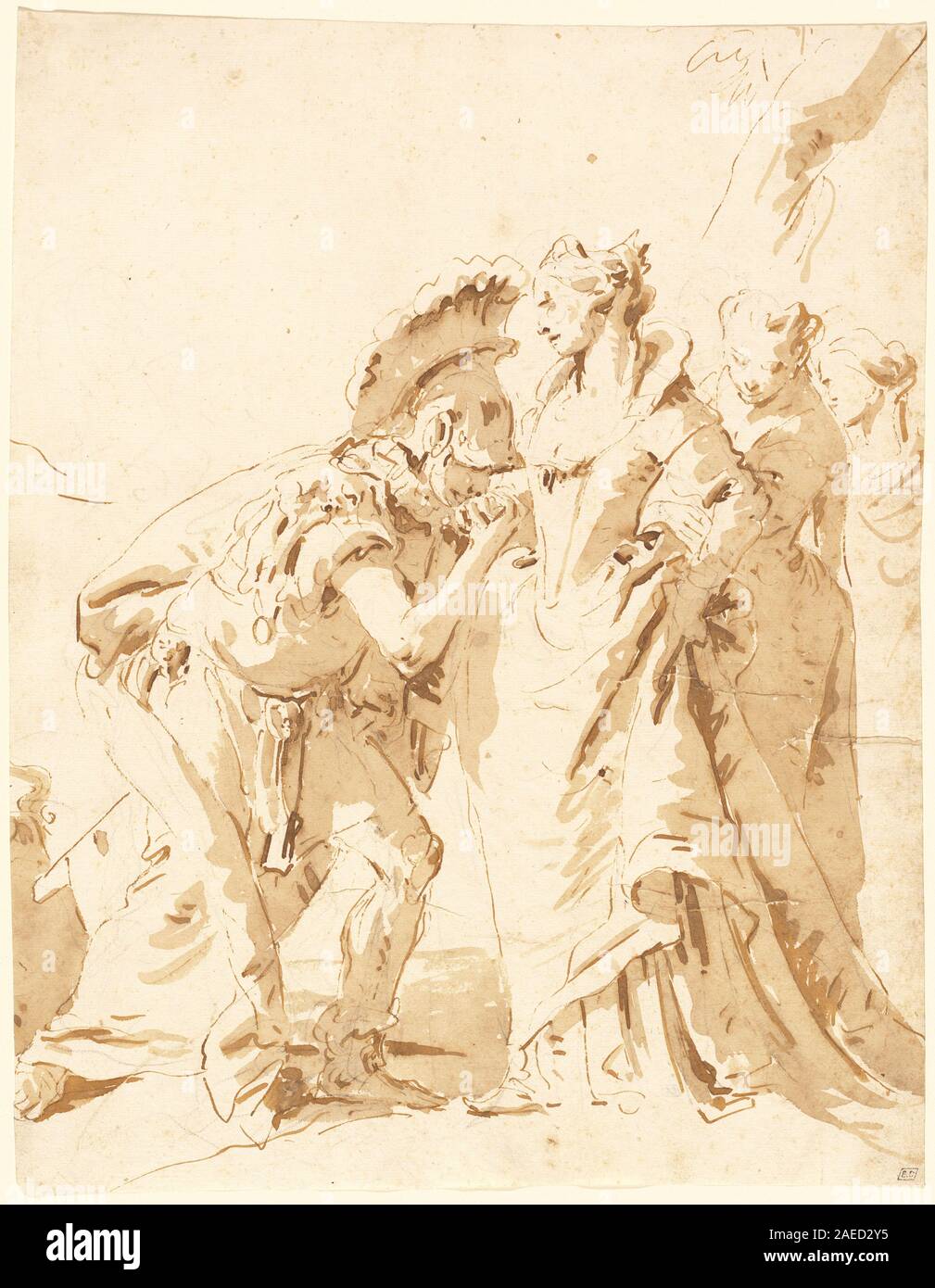 Questo dipinto di Giovanni Battista Tiepolo della metà del '1740 raffigura lo storico incontro di Antonio e Cleopatra, con figure dettagliate, gesti, costumi, allestimenti interni, e stile rococò italiano della metà del XVIII secolo. Foto Stock