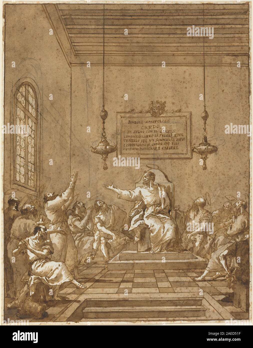 Il credo degli Apostoli è un dipinto degli anni '1770-'1780 di Giovanni Domenico Tiepolo che raffigura figure che illustrano il credo cristiano, mostrando gesti, tendaggi e composizione rococò. Foto Stock