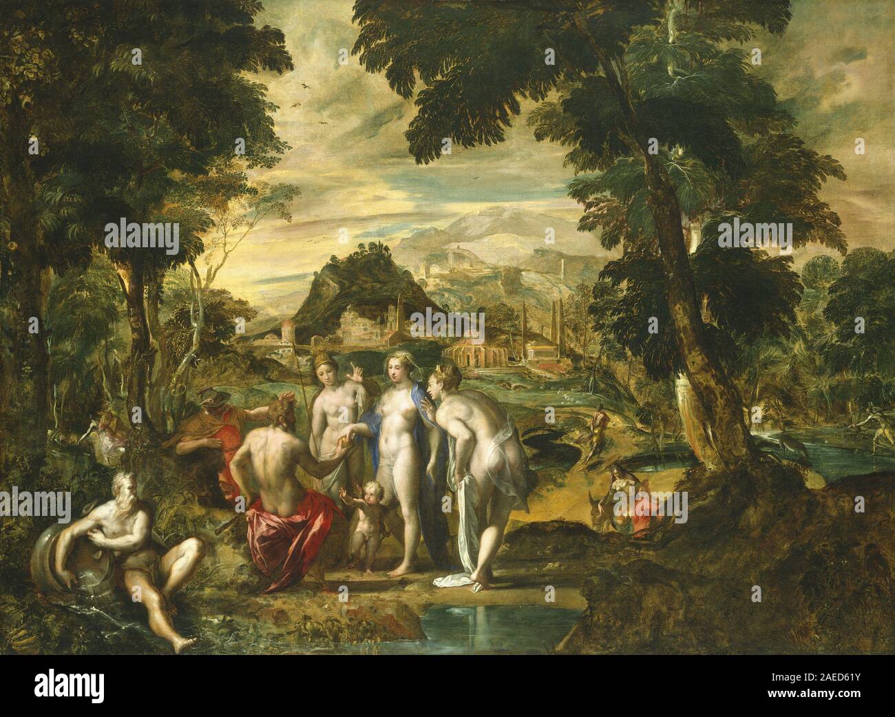 Un dipinto del tardo XVI secolo di Giovanni Sons raffigurante il giudizio di Parigi. L'opera mostra dettagliate figure umane, gesti, tendaggi e equilibrio compositivo tipico della pittura mitologica rinascimentale italiana. Foto Stock