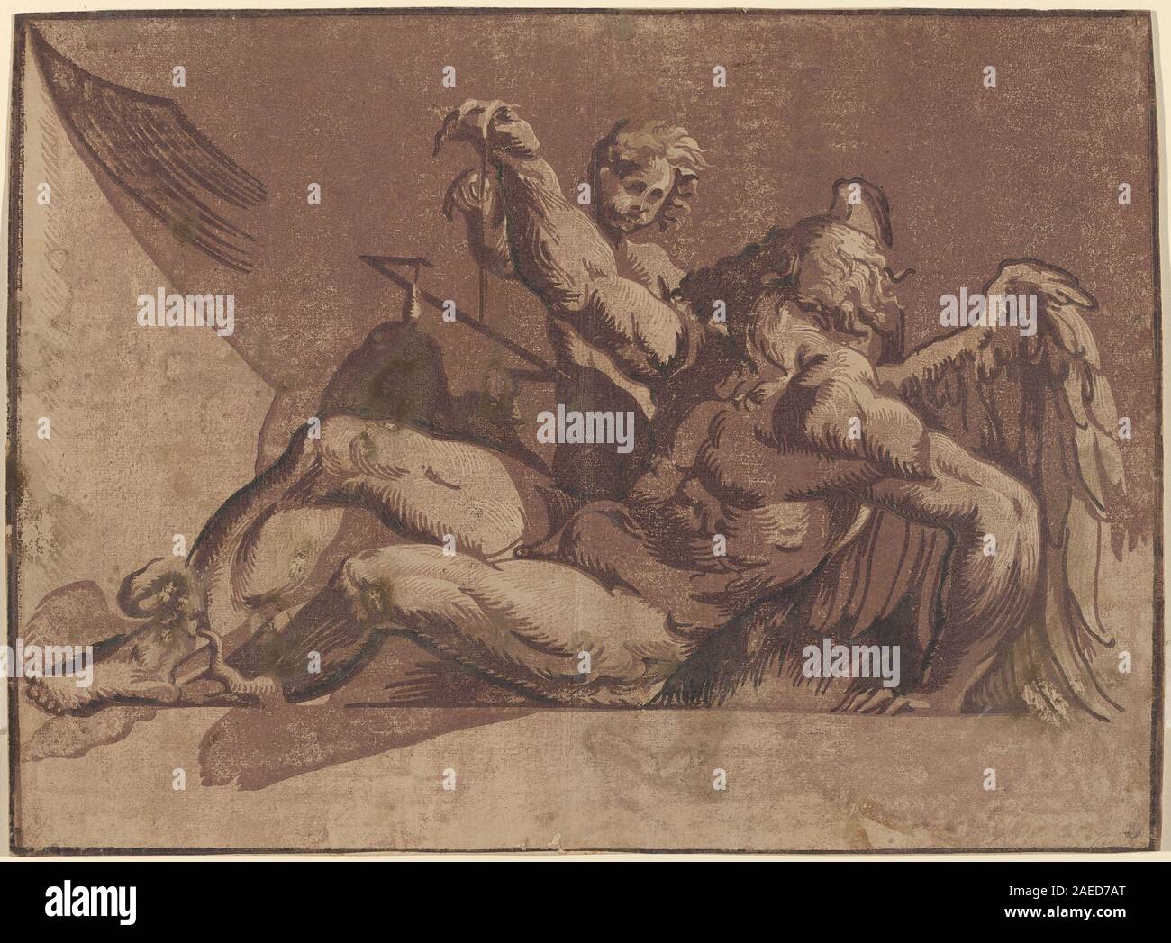 Questo dipinto di Giuseppe Nicolo Vicentino, su Giovanni Antonio Pordenone, datato 1525-1530, raffigura la figura mitologica Saturno, raffigurante una figura maschile con attributi simbolici tipici della pittura mitologica rinascimentale italiana del primo Cinquecento. Foto Stock