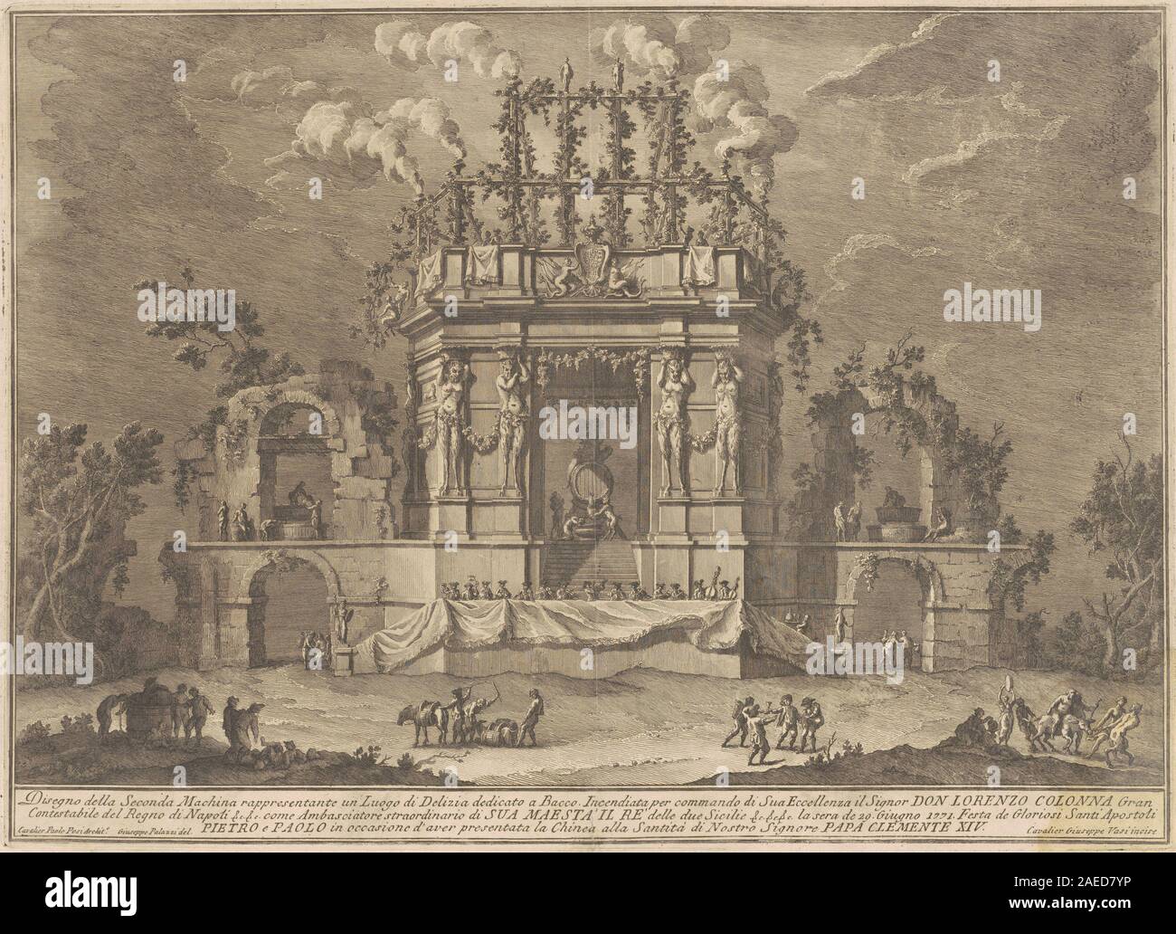 Giuseppe Vasi, dopo Giuseppe Palazzi, dopo Paolo Posi, la seconda macchina per la Chinea del 1771 - Un piacere Palazzo dedicato a Bacco, 1771 La seconda macchina per la Chinea del 1771: UN PIACERE Palazzo dedicato a Bacco; 1771data Foto Stock