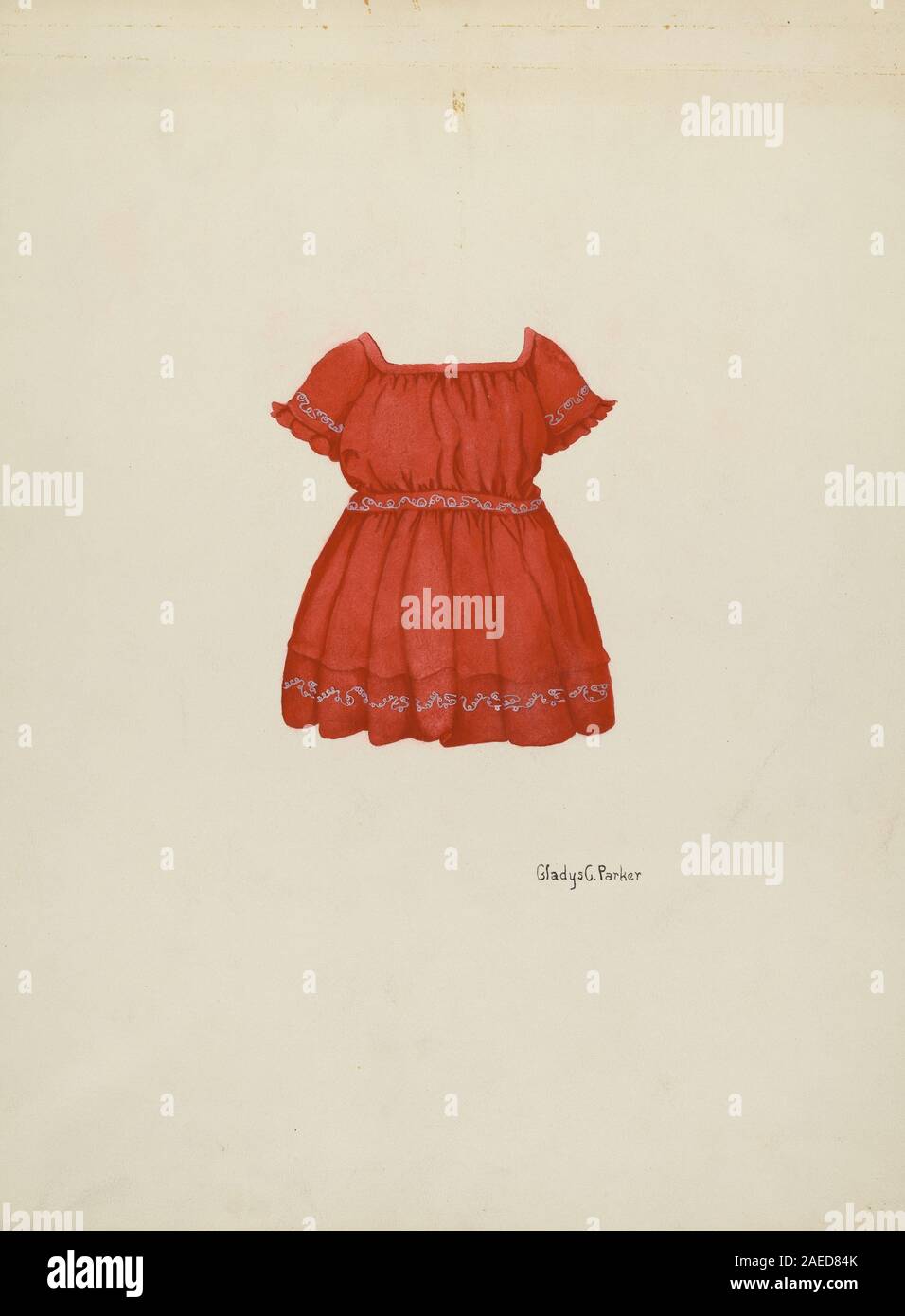 Illustrazione di un vestito per bambini di Gladys C. Parker, c. 1936, che mostra la forma dell'indumento, motivi decorativi, colore, e il design di moda dei primi anni del xx secolo. Foto Stock