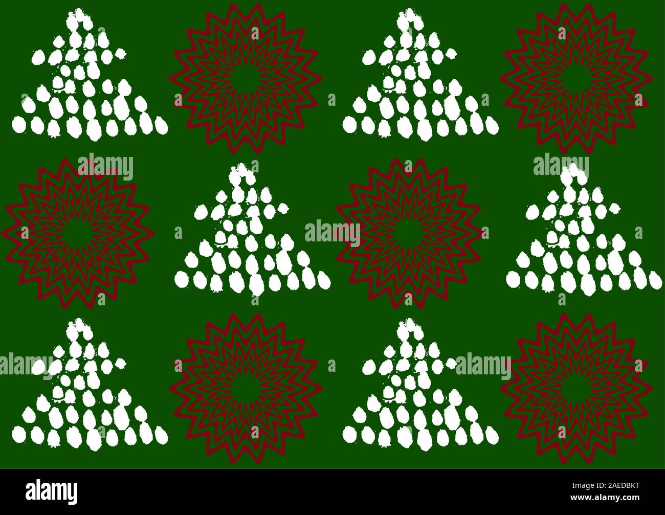 Artistico Natale e Anno Nuovo sfondo: alberi di Natale dipinte di bianco con i fiocchi di neve e la grafica su computer faceva stelle rosse sul verde. Illustrazione Vettoriale