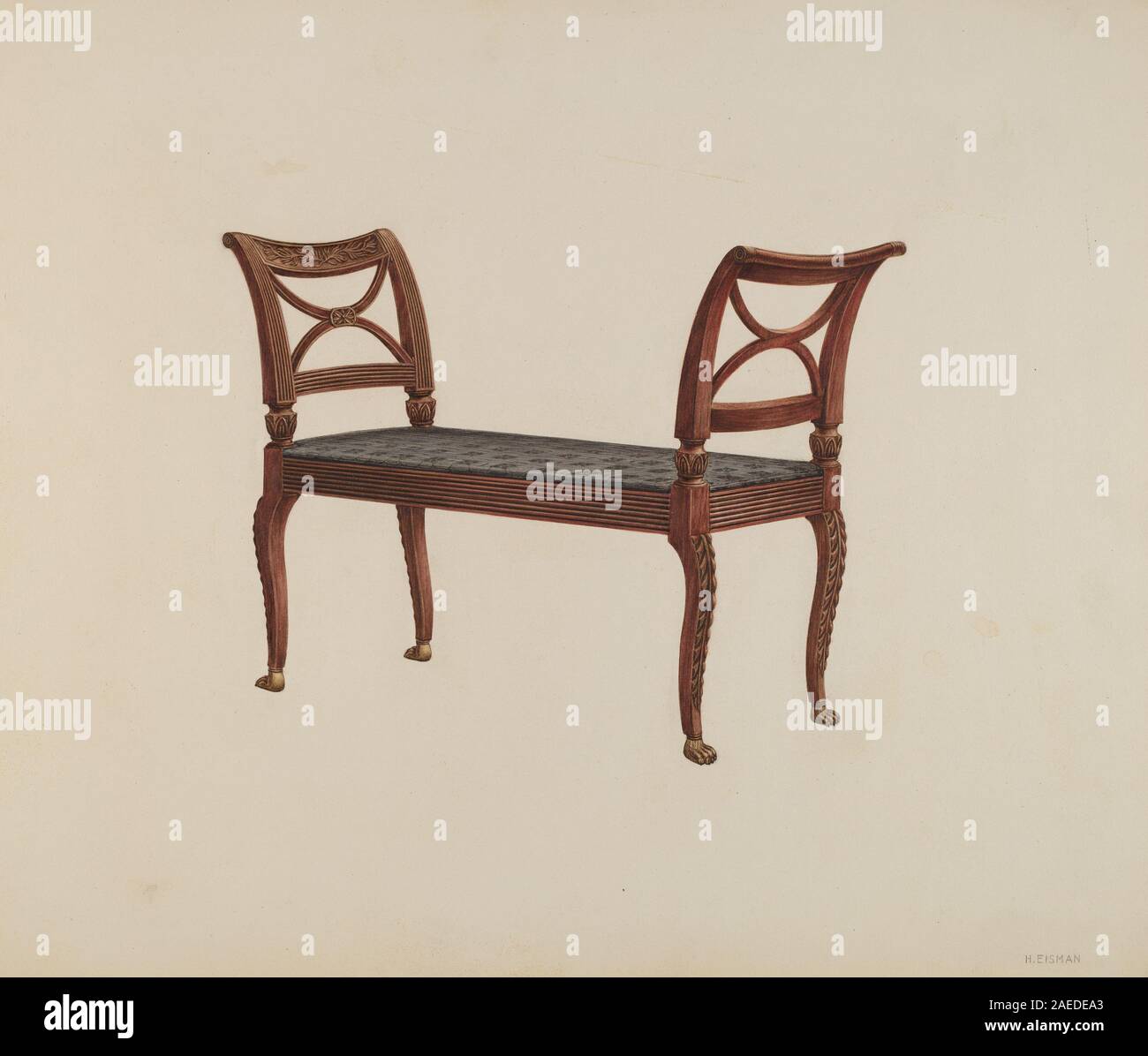 Un posto vicino alla finestra realizzato da Harry Eisman nel 1939. L'arredamento include una struttura in legno, sedile imbottito, schienale ed è progettato per il comfort e l'uso interno domestico nelle case americane dell'inizio del XX secolo. Foto Stock