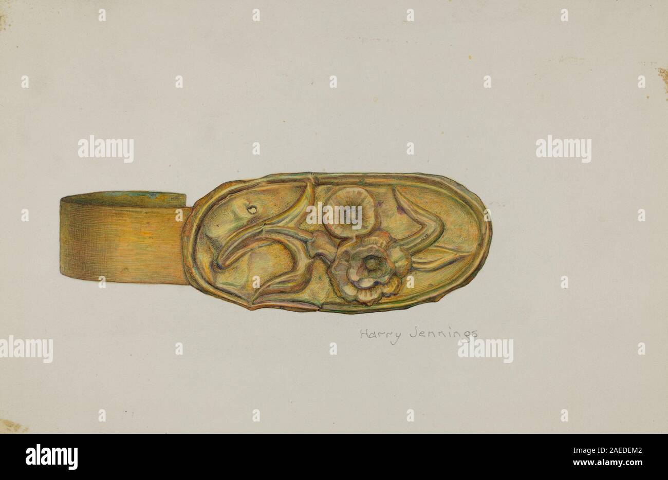 Il retro di Harry Jennings, risalente al 1938 circa, dimostra la struttura in tessuto, il design intrecciato o ritorto, l'anello funzionale, la nappina decorativa e l'uso di interni o finestre all'inizio del XX secolo. Foto Stock