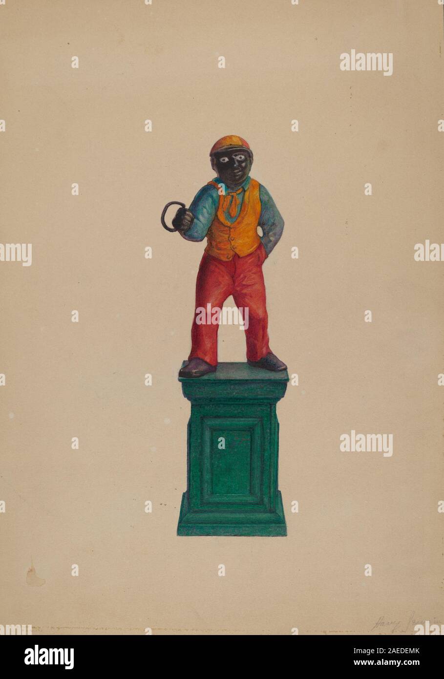 Iron Hitching Post di Harry Jennings, intorno al 1937, è un palo in ferro battuto utilizzato per fissare i cavalli, illustrando i metalli americani del XX secolo, i mobili funzionali di strada e l'artigianato. Foto Stock