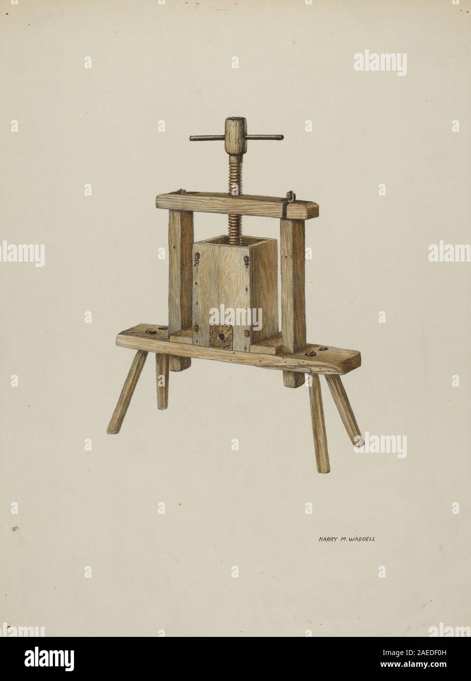 Una pressa da sidro di circa 1940 di Harry Mann Waddell, che enfatizza la costruzione in legno, i componenti meccanici e il design agricolo funzionale. Foto Stock