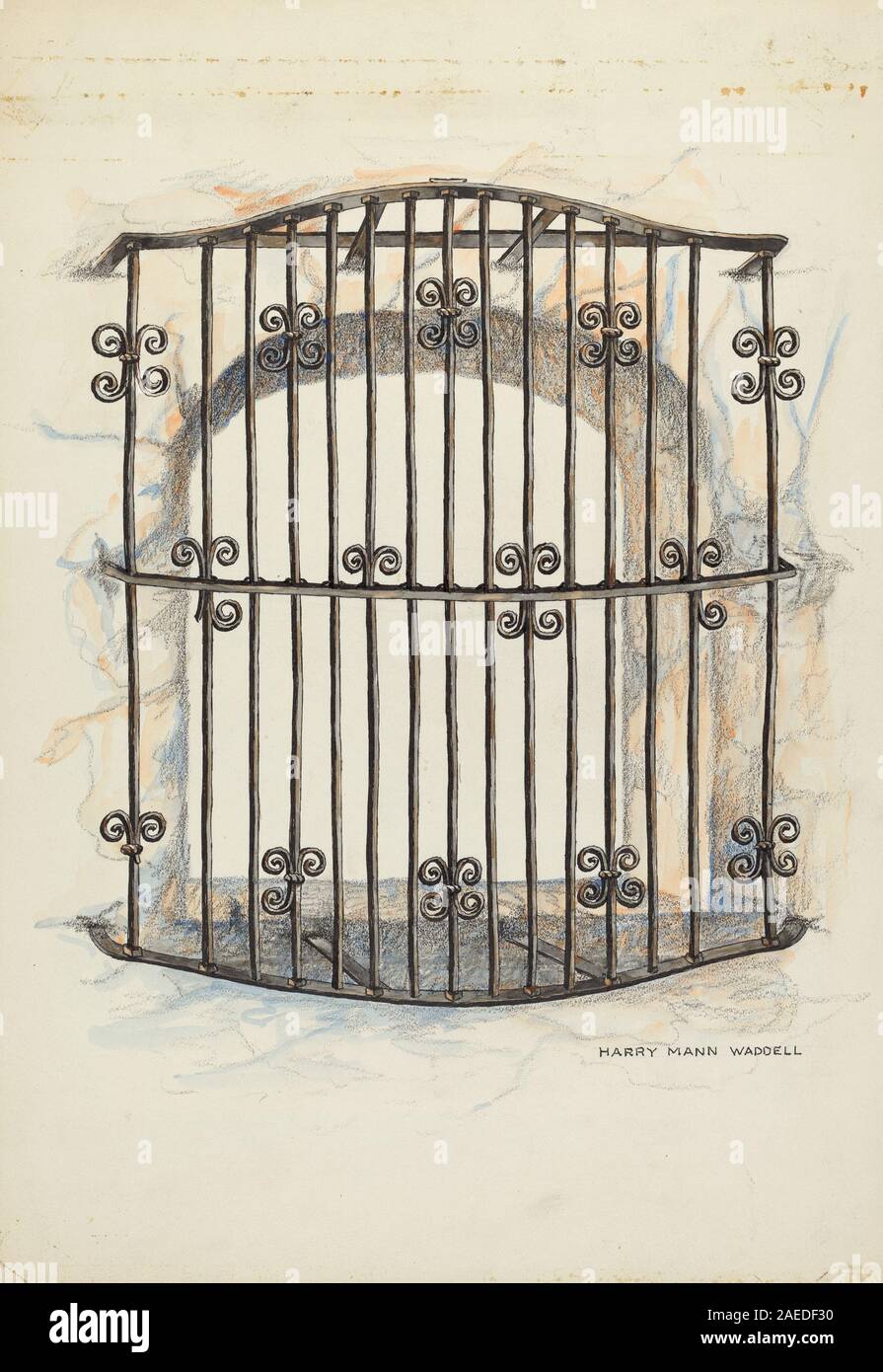 Una griglia in ferro del 1935-1942 di Harry Mann Waddell, che enfatizza la costruzione in ferro battuto, motivi decorativi e design funzionale di sicurezza. Foto Stock