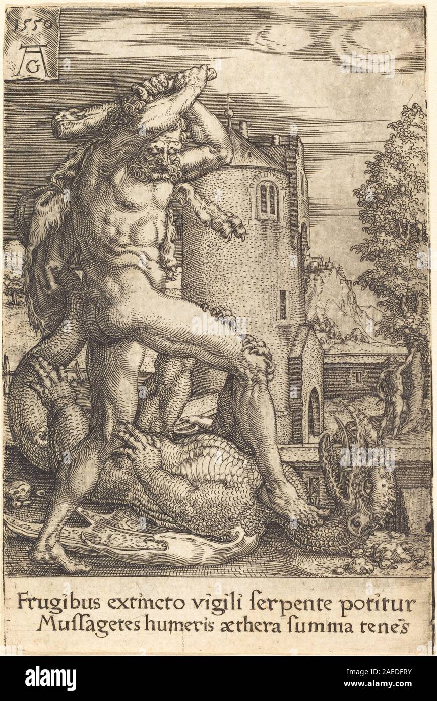 Hercules Slaying the Dragon di Heinrich Aldegrever, 1550, è un'incisione raffigurante l'eroe mitologico Ercole in combattimento con un drago, che illustra la stampa tedesca del XVI secolo e la mitologia classica. Foto Stock