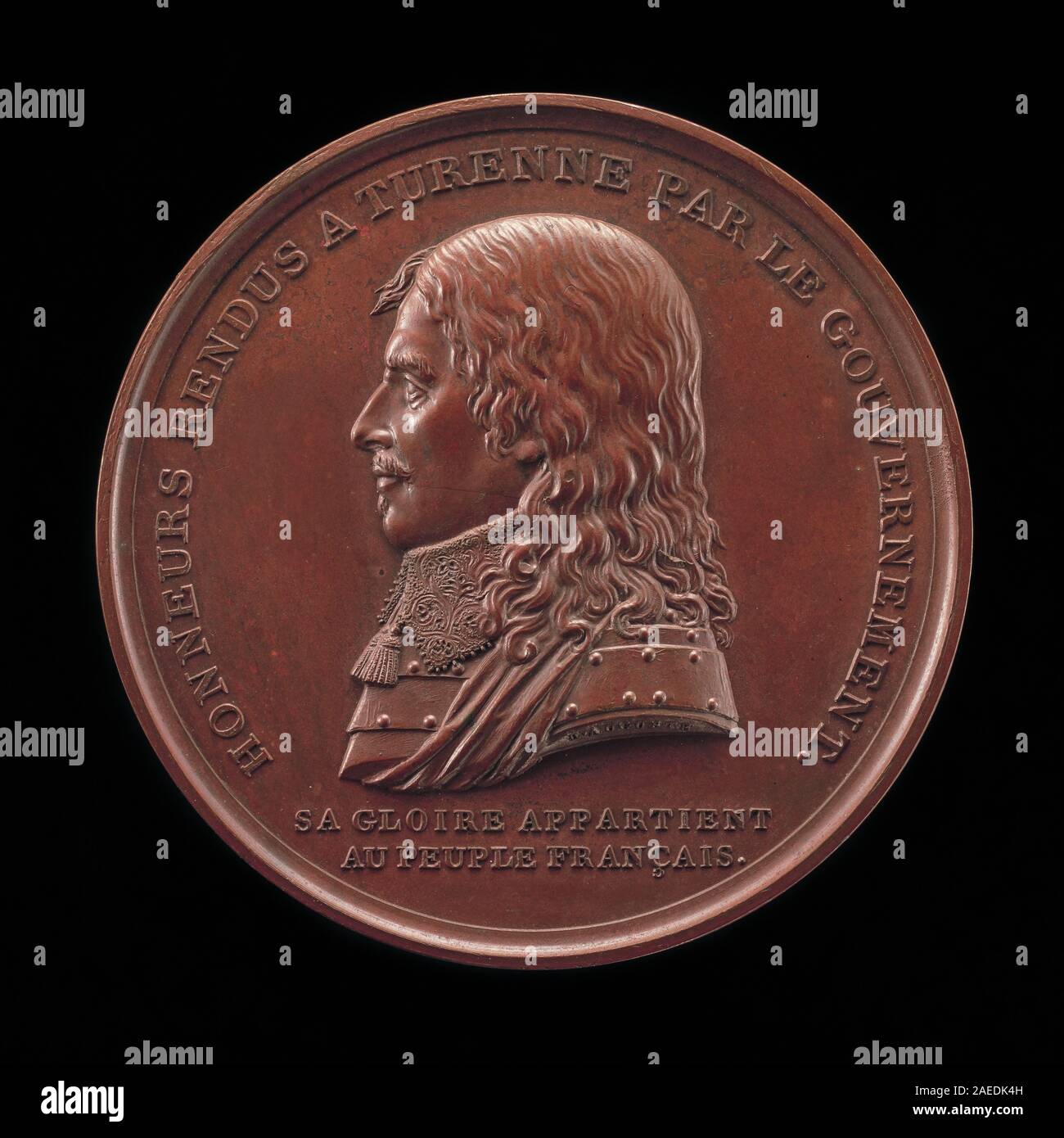 Medaglia di Henri Auguste del 1800 raffigurante Henri de la Tour d'Auvergne, Vicomte de Turenne, Maresciallo di Francia 1643. Il dritto mostra il ritratto in rilievo con caratteristiche dettagliate, commemorando la sua carriera militare. Foto Stock