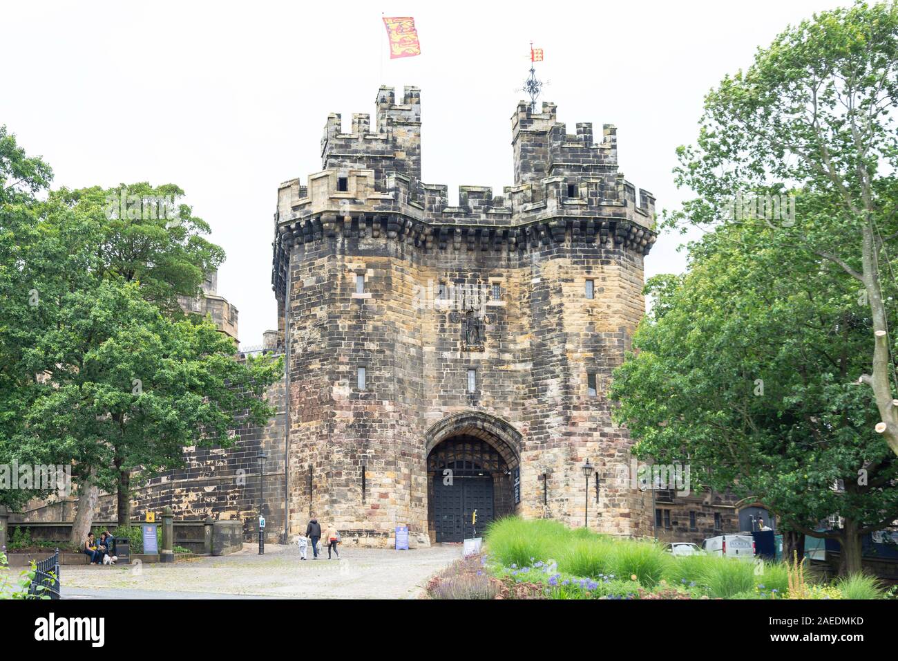 Ingresso al castello di Lancaster, Lancaster, Lancashire, Inghilterra, Regno Unito Foto Stock
