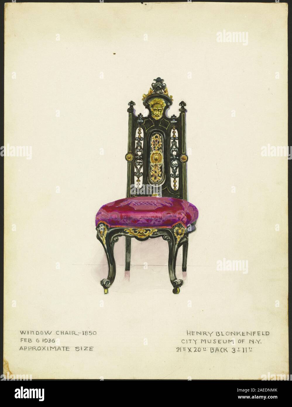 Sedia per finestre in legno disegnata da Henry Blonkenfeld nel 1936, una di una coppia, che mostra maestria, struttura e design funzionale delle sedute. Foto Stock