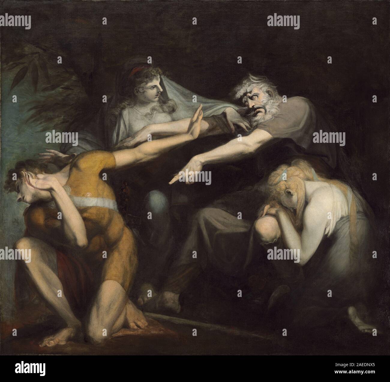 Il dipinto del 1786 di Henry Fuseli "Edipo che maledice suo figlio, Polinici" raffigura il tragico mito greco, mostrando gesti drammatici, figure espressive e una composizione atmosferica scura, che riflette la pittura romantica del XVIII secolo e l'illustrazione narrativa. Foto Stock