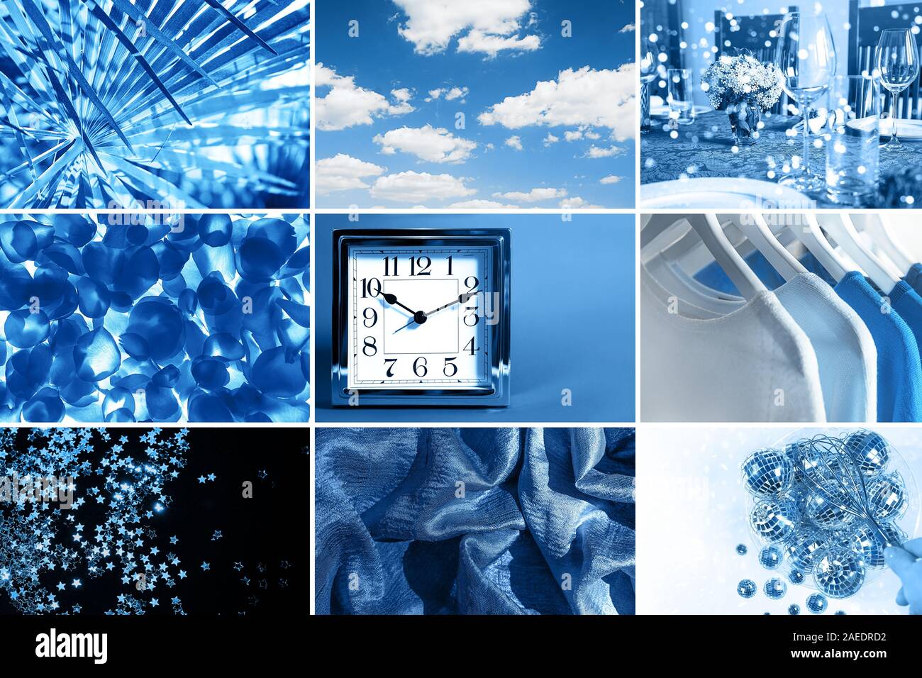Collage con il classico colore blu del 2020. Colore trend layout. Foto Stock