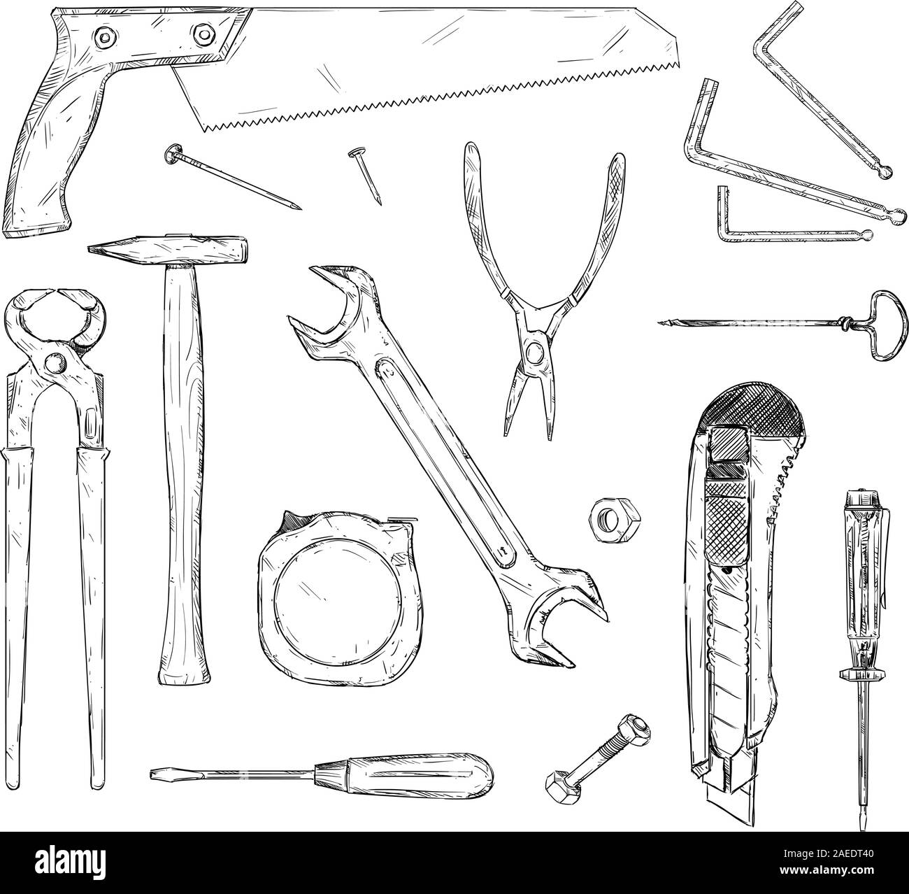 Vettore disegnati a mano in bianco e nero illustrazione del set di strumenti di lavoro. Martello, dinamometrica,visto,pinza,cacciavite, metro a nastro e più. Illustrazione Vettoriale