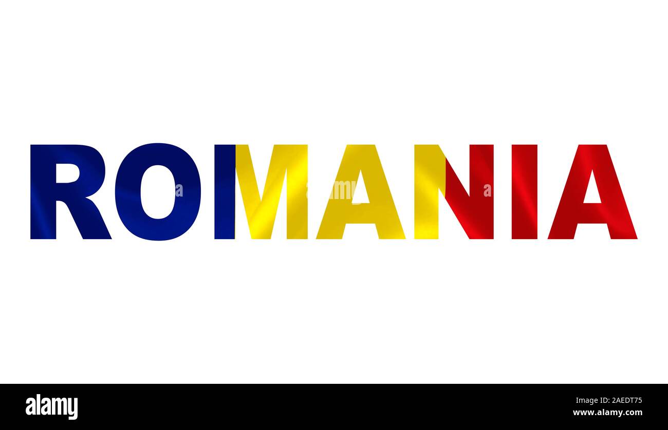 " Romania " Lettering arte oltre la bandiera rumena. Foto Stock