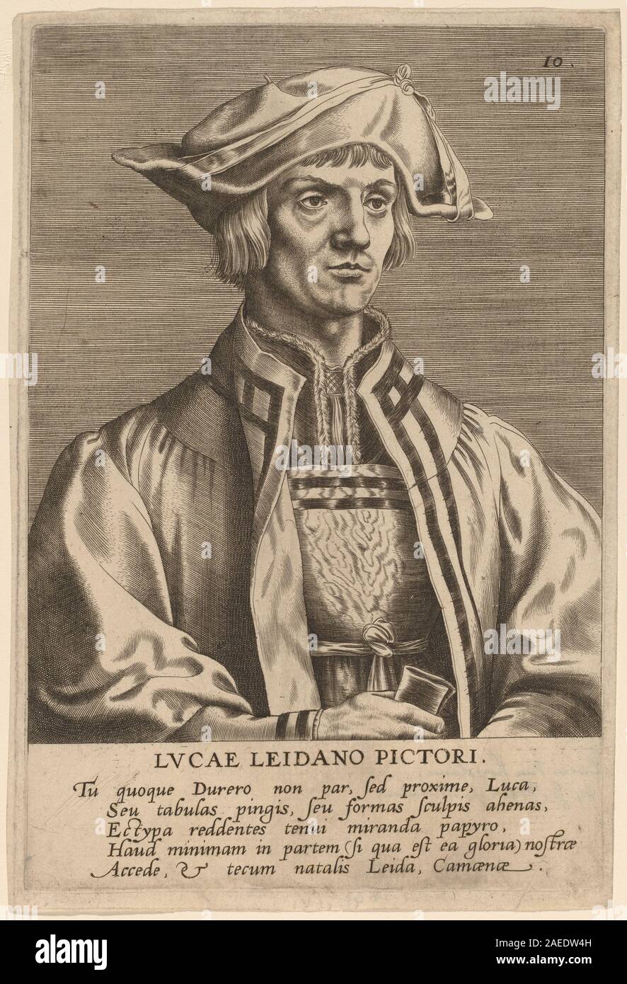 Hieronymus Wierix ha creato un'opera d'arte raffigurante Lucas van Leyden, un pittore e incisore del Rinascimento olandese, evidenziando tecniche di incisione dettagliate e rappresentazione del ritratto. Foto Stock