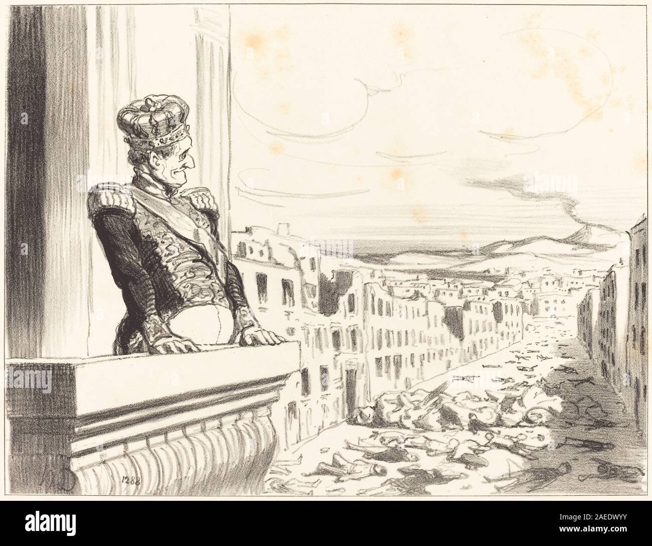 Questa litografia del 1851 di Honoré Daumier, intitolata "A Naples - le meilleur des rois", raffigura una scena satirica a Napoli, illustrando figure, architettura e commenti sociali caratteristici della stampa francese della metà del XIX secolo. Foto Stock