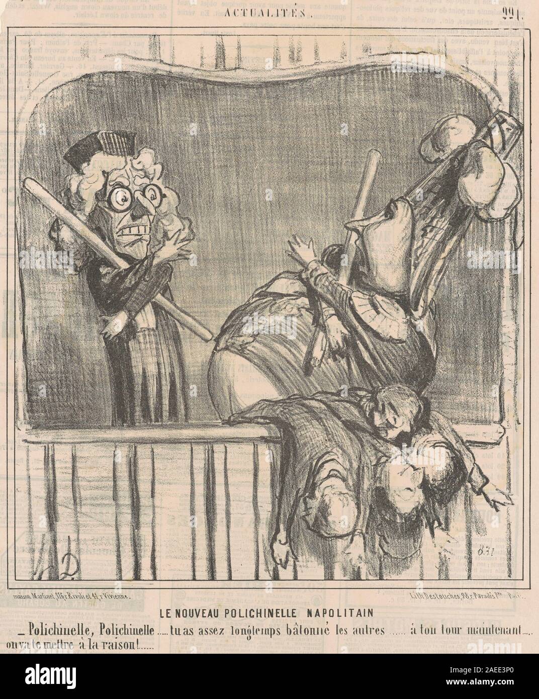 Una litografia ottocentesca di Honoré Daumier che mostra il personaggio Polichinelle di Napoli, raffigurante costumi teatrali, gesti e caratteristiche espressive in una scena di spettacolo o intrattenimento. Foto Stock