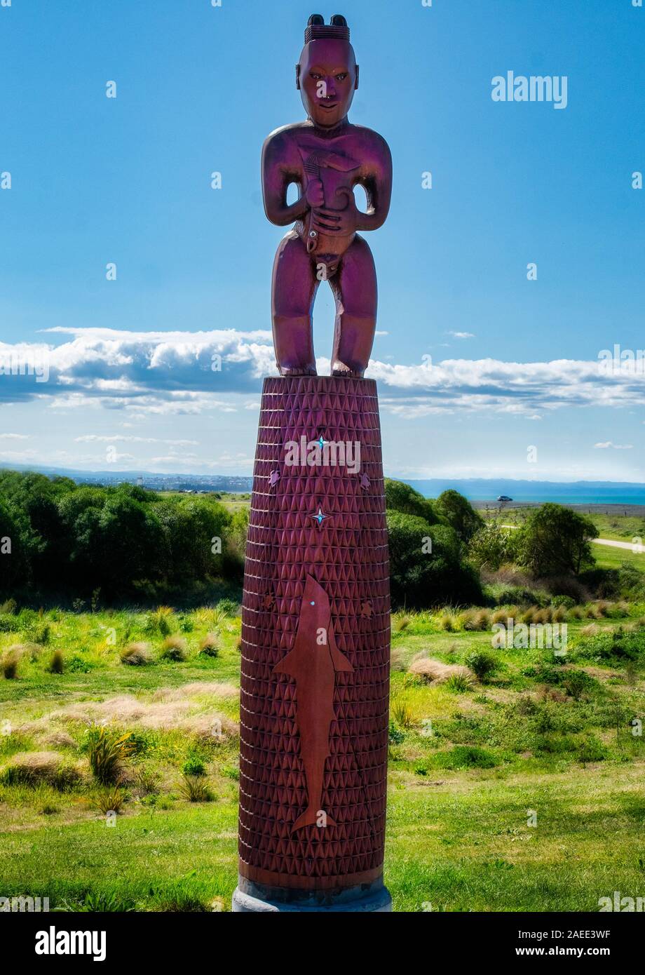 Tradizionale Maori in legno intagliato statua in una zona rurale posizione esterna Foto Stock