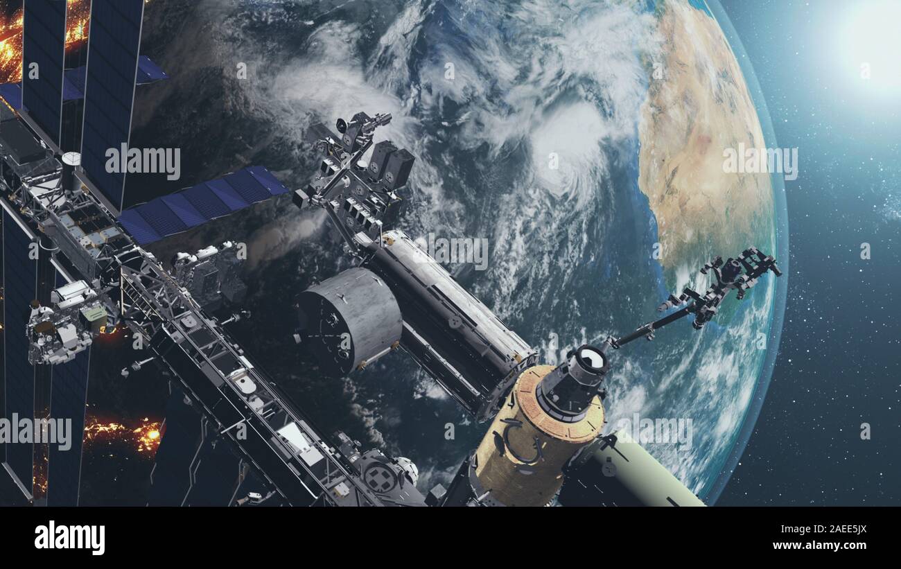 Primo piano della ISS che orbita attorno al realistico globo terrestre. La stazione spaziale Internazionale ruota sopra la superficie del pianeta con la terraferma e l'oceano. animazione di rendering 3d. 4K. Questa immagine è stata fornita dalla NASA Foto Stock