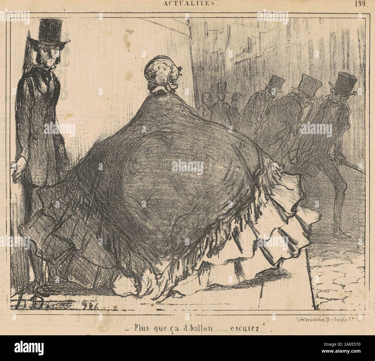 Litografia di Honoré Daumier intitolata "Plus que ca d'ballon: Excusez!" Dal XIX secolo, raffigurando una scena di strada umoristica con bambini e un ballo, illustrando l'interazione sociale, i gesti e l'attività ludica nella Francia urbana. Foto Stock
