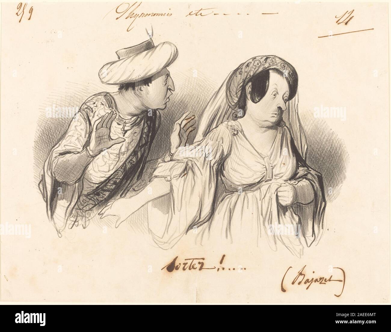 Una litografia del 1841 di Honoré Daumier intitolata "Sortez! (Bajazet)" che raffigura una scena drammatica di uno spettacolo teatrale. L'opera enfatizza i gesti, la presenza scenica, i costumi e l'interazione tra attori nella Francia del XIX secolo. Foto Stock