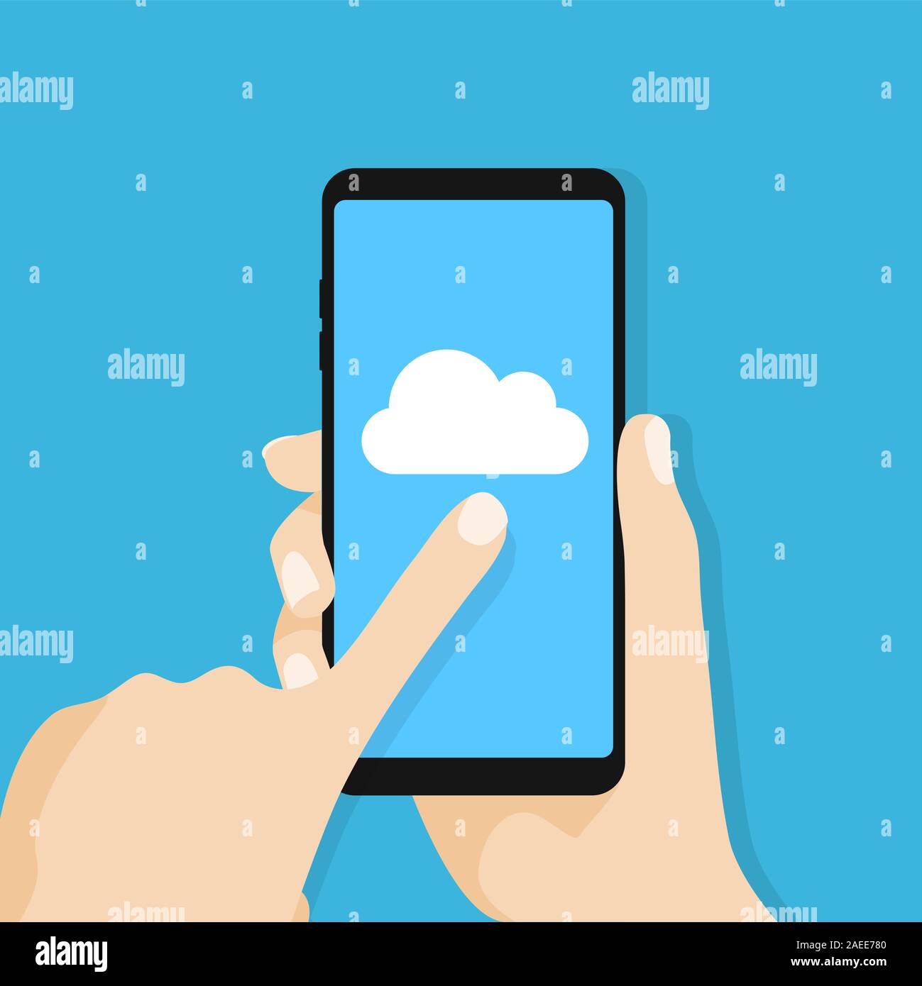 Icona a forma di nuvola sulla schermata dello smartphone. Mano azienda smartphone. Illustrazione Vettoriale