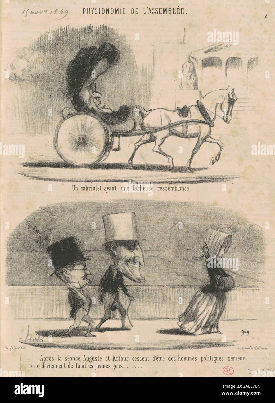 Un cabriolet ayant une fâcheuse ressemblance è una litografia del XIX secolo di Honoré Daumier che mostra una carrozza trainata da cavalli che assomiglia al suo autista, illustrando umorismo, osservazione sociale e vita urbana quotidiana. Foto Stock