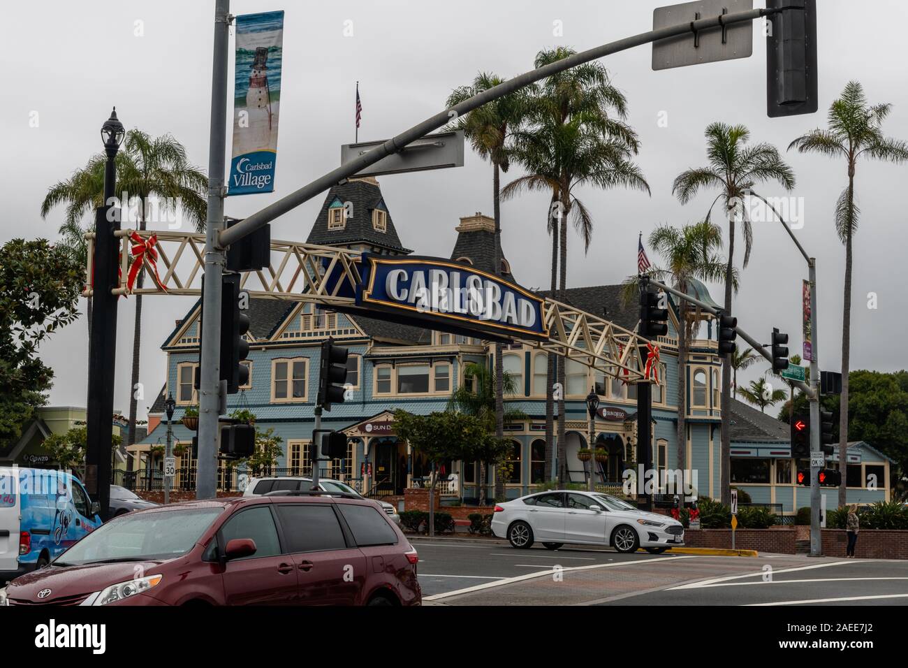 Il pittoresco villaggio di Carlsbad vista in una piovosa giornata d'inverno, la California del Sud Foto Stock